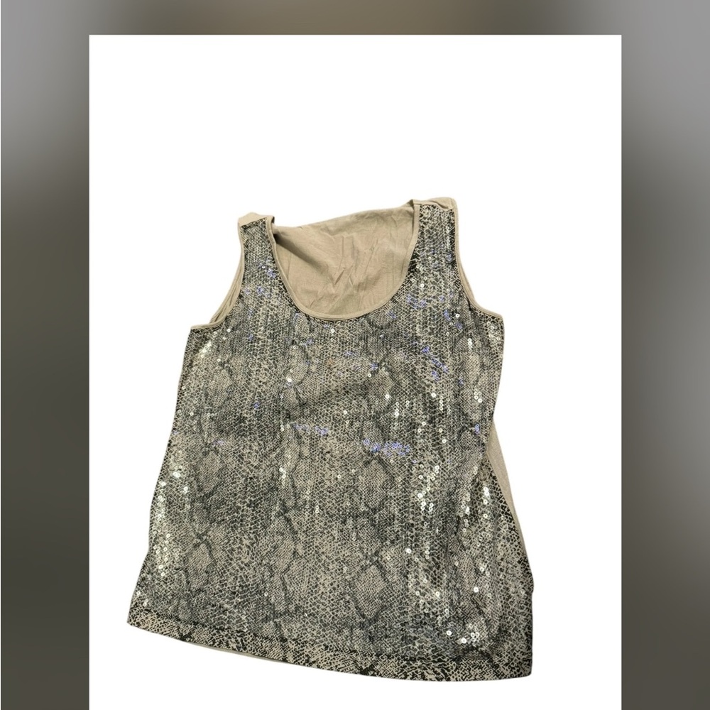 Womens XL Tribal sequin animal print tank neutral tan color snakeskin pattern